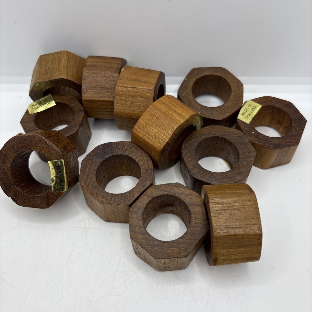 Hand Crafted Teak‎ Wood Round Napkin Rings Made in Thailand Set of 12